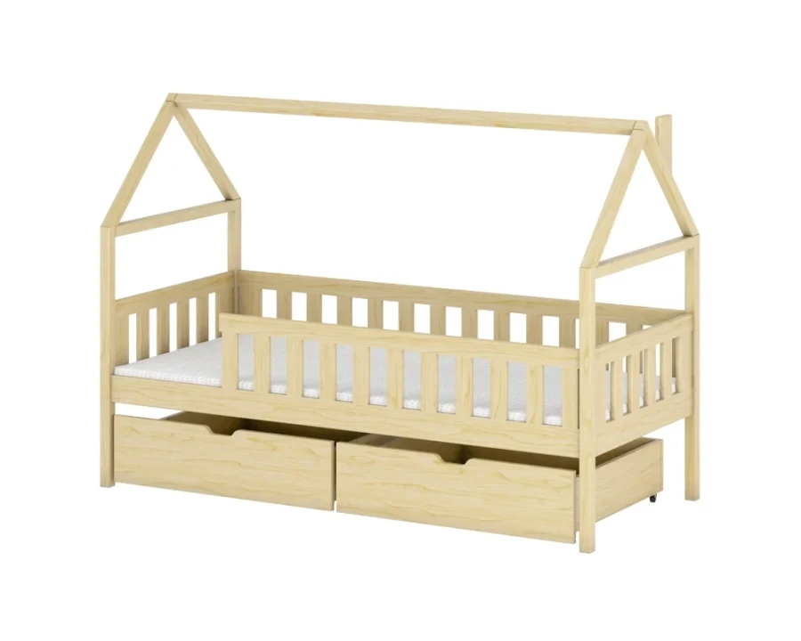 Kinder-Hausbett aus Naturholz mit praktischen Bettschubladen und Rausfallschutz.