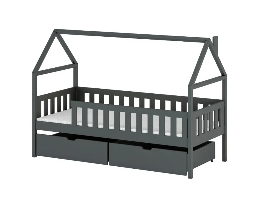 Dunkelgraues Kinderhausbett mit Rausfallschutz und zwei Bettschubladen.