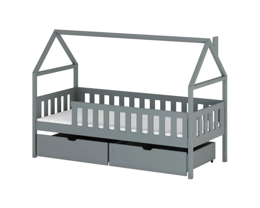 Graues Hausbett für Kinder mit zwei Schubladen und Rausfallschutz