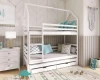 Weißes Hausbett Etagenbett für Kinder mit Ausziehbett und Schubladen im Kinderzimmer.