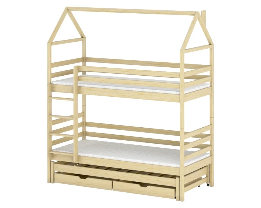Etagenbett Hausbett aus Kiefernholz mit Schubladen für das Kinderzimmer.