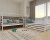 Weißes Hausbett und Bett mit Schubladen in einem modern eingerichteten Kinderzimmer.