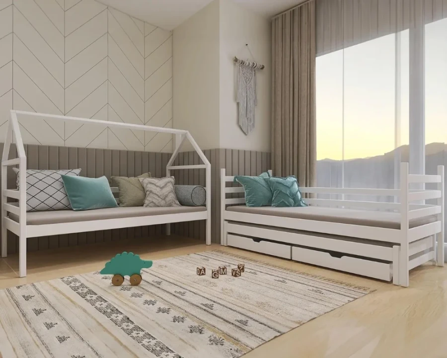 Flexibles weißes Etagenbett als zwei separate Einzelbetten im Kinderzimmer aufgeteilt.