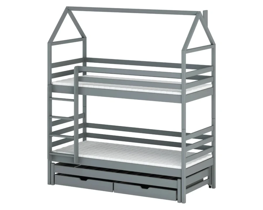 Graues Hausbett Etagenbett mit zusätzlichem Schlafplatz und zwei Schubladen.
