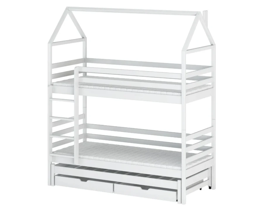 Wit huisbed stapelbed voor kinderen met geïntegreerde laden op eenvoudige witte achtergrond.