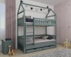 Graues Etagenbett in Hausform mit Ausziehbett und Schubladen für das Kinderzimmer.