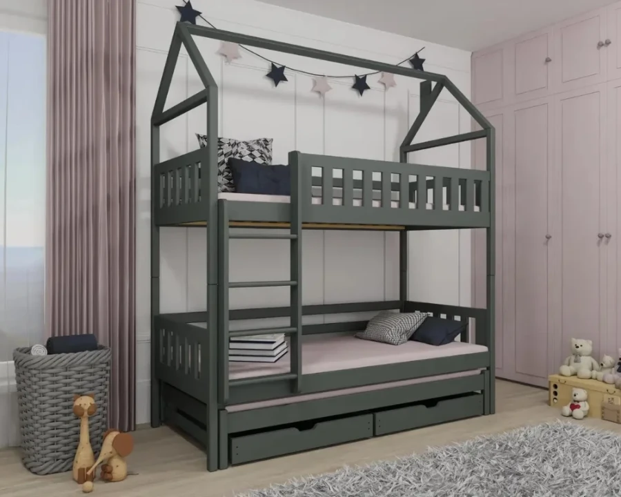 Dunkelgraues Haus-Etagenbett für drei Kinder mit Rausfallschutz und praktischen Stauraumschubladen.