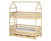 Solid wood bunk bed house bed in natural with pull-out function for 3 people and plenty of storage space.