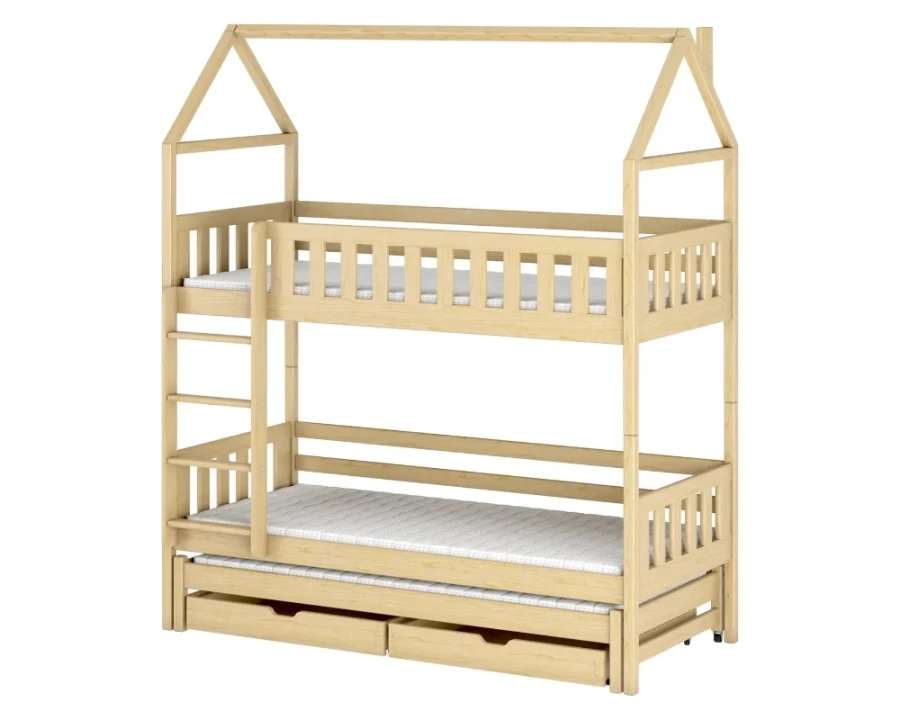 Massivholz Etagenbett Hausbett in Natur mit Ausziehfunktion für 3 Personen und viel Stauraum.