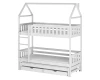 Weißes Hausbett Etagenbett für Kinder mit Ausziehbett und Schubladen.