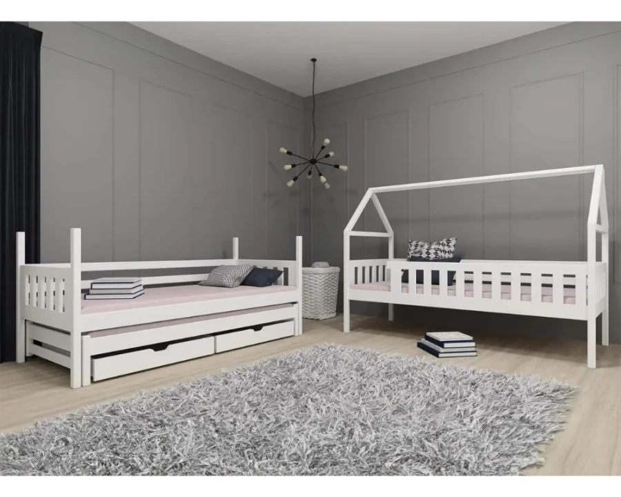 Flexibles Kinderbett im Haus-Design, als zwei separate Einzelbetten nutzbar.