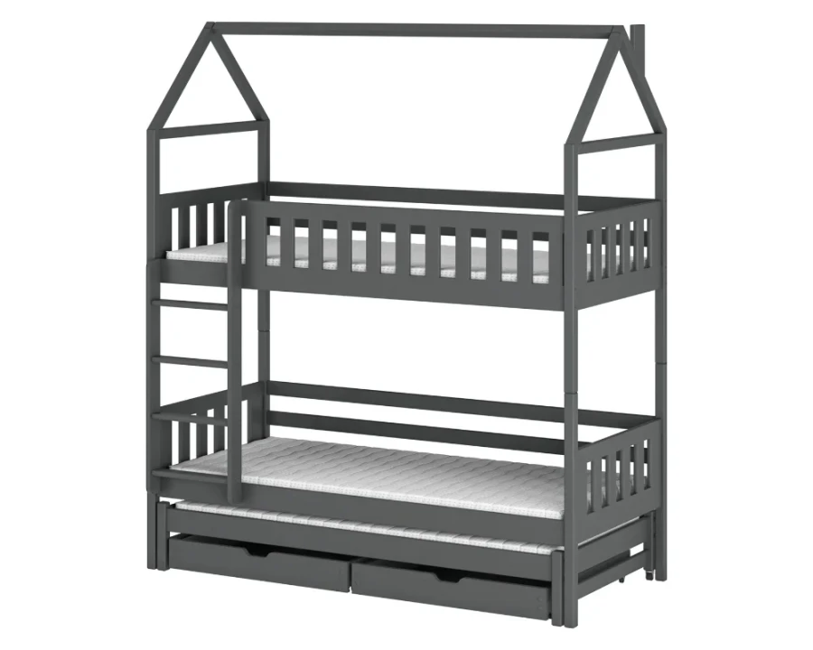 Graues Etagenbett Hausform für drei Kinder mit Leiter und Rausfallschutz.