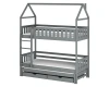 Graues Etagenbett Hausform mit drei Liegeflächen und Bettkasten für das Kinderzimmer.