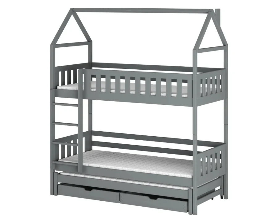 Graues Etagenbett Hausform mit drei Liegeflächen und Bettkasten für das Kinderzimmer.
