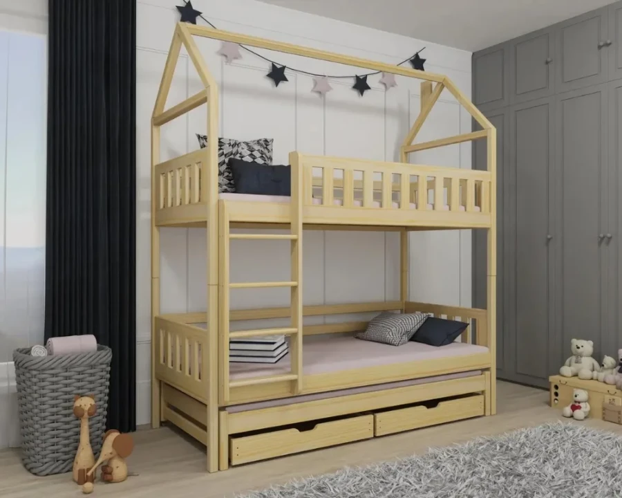 Hausbett Etagenbett aus Natur-Kiefer mit praktischen Schubladen für Kinder.