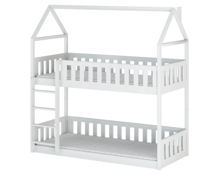 White bunk bed in house shape made of wood with integrated ladder for the children's room.
