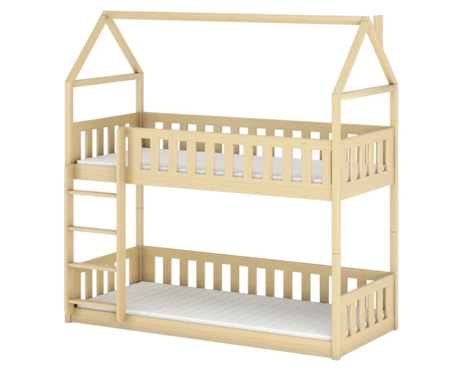 Kindgerechtes Etagenbett aus Kiefer natur in Haus-Optik mit sicherem Rausfallschutz.