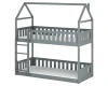 Graues Hausbett-Etagenbett für zwei Kinder, modernes Design aus massivem Kiefernholz.