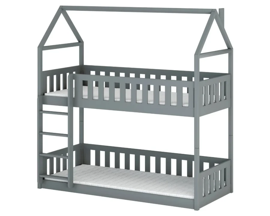 Graues Hausbett-Etagenbett für zwei Kinder, modernes Design aus massivem Kiefernholz.