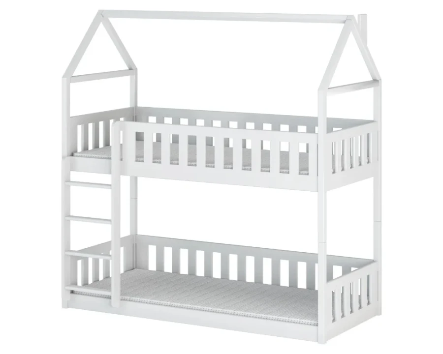 Weißes Kinderetagenbett in Hausform mit Sicherheitsgitter und Leiter.