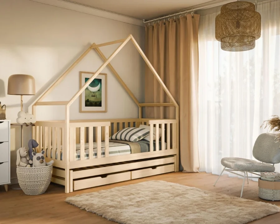 Modernes Kinderzimmer mit Hausbett aus Naturholz, Ausziehbett und praktischen Schubladen.