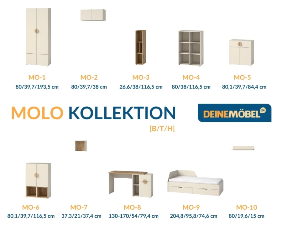 Übersicht der MOLO Möbelkollektion mit verschiedenen Schränken, Regalen und Maßen.