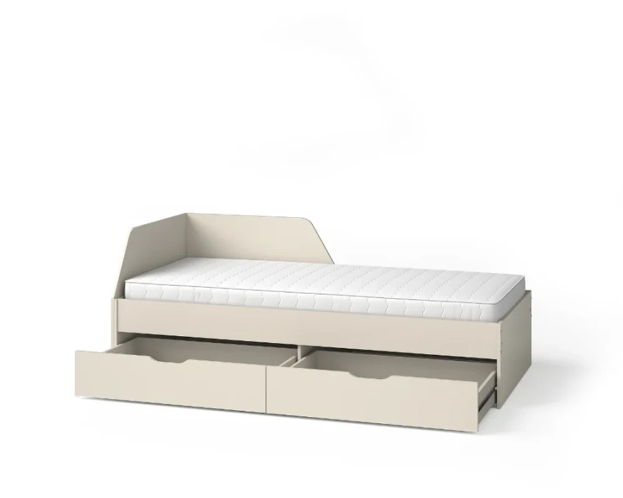 Beiges Einzelbett mit zwei weit geöffneten Schubladen für praktischen Stauraum.