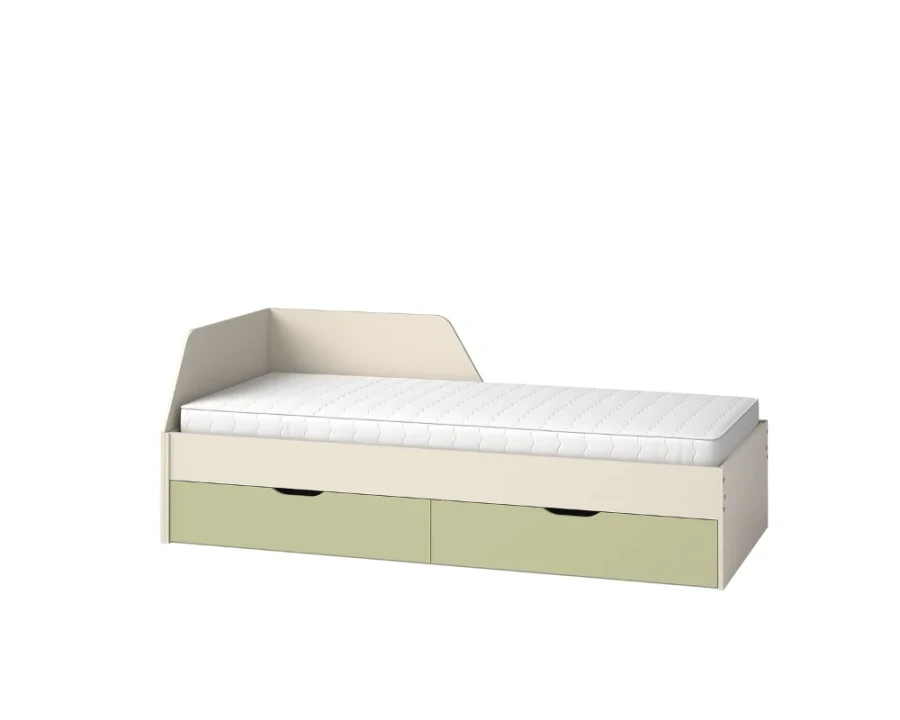 Modernes Kinderbett in Beige mit zwei hellgrünen Schubladen für ein frisches Design.