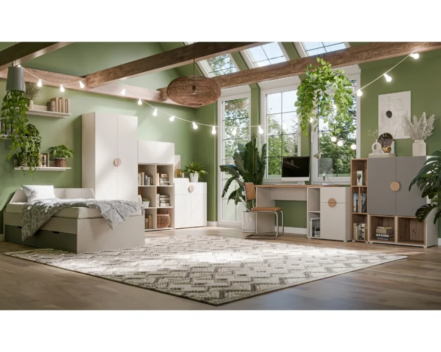 Modernes Jugendzimmer mit hellen Möbeln, grünem Wandanstrich und gemütlichem Bett.