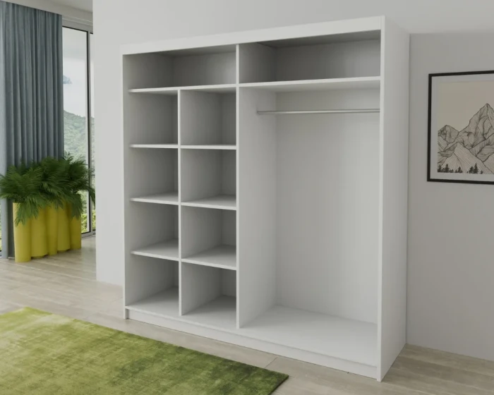 Innenansicht Kleiderschrank weiß mit Regalfächern und Kleiderstange für optimale Ordnung.