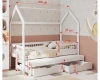 Kinderhausbett Weiß mit Ausziehbett und Schubladen, Maße 206x190 cm.