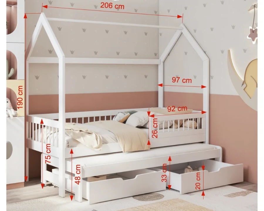Kinderhausbett Weiß mit Ausziehbett und Schubladen, Maße 206x190 cm.