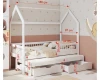 Weißes Hausbett für Kinder mit Maßen, Ausziehbett und zwei Schubladen.
