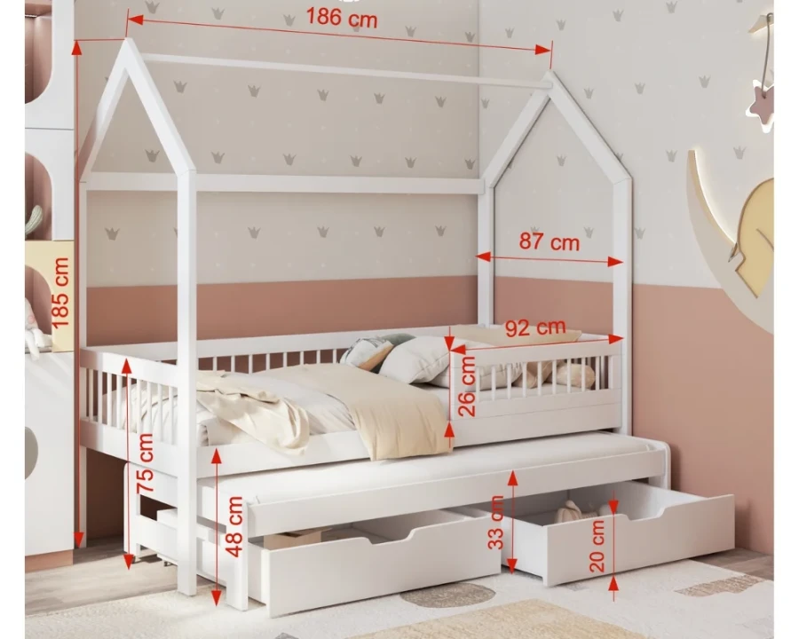 Weißes Hausbett für Kinder mit Maßen, Ausziehbett und zwei Schubladen.