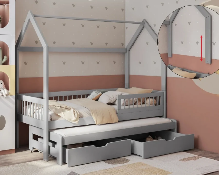 Graues Kinderbett Hausbett mit Rausfallschutz, Ausziehbett und Stauraum Schubladen.
