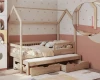 Hausbett für Kinder aus Kiefernholz mit Gästebett, Schubladen und Rausfallschutz.
