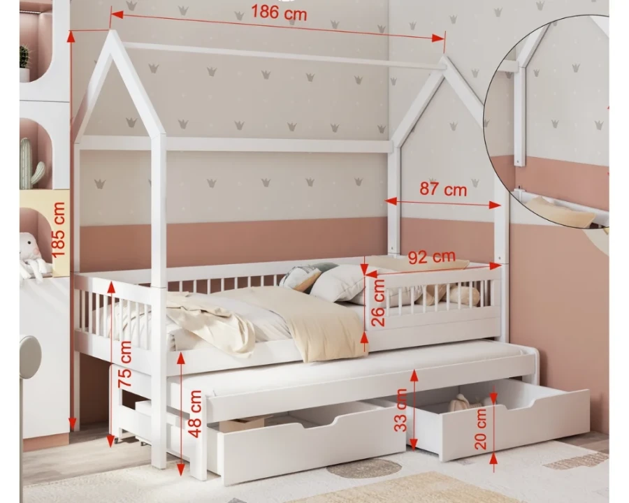 Weißes Hausbett 80x160 cm Maße, Kinderbett mit Ausziehbett und Schubladen.