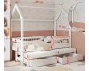Weißes Kinderbett Hausbett 90x200 cm mit Maßen, Ausziehbett und Schubladen.