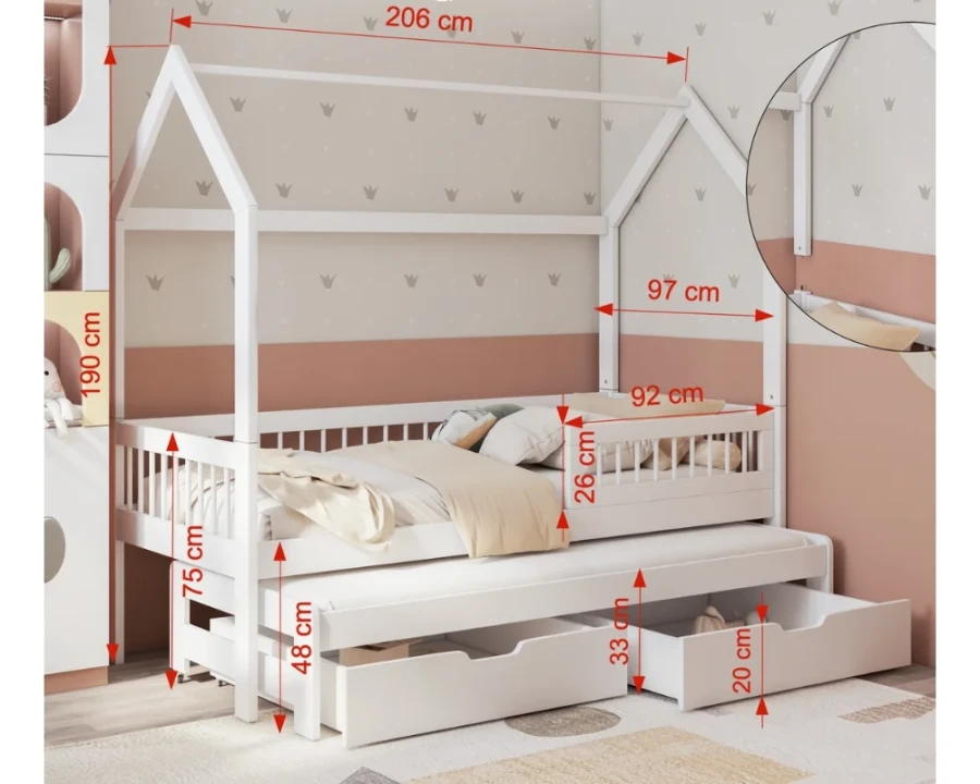 Weißes Kinderbett Hausbett 90x200 cm mit Maßen, Ausziehbett und Schubladen.