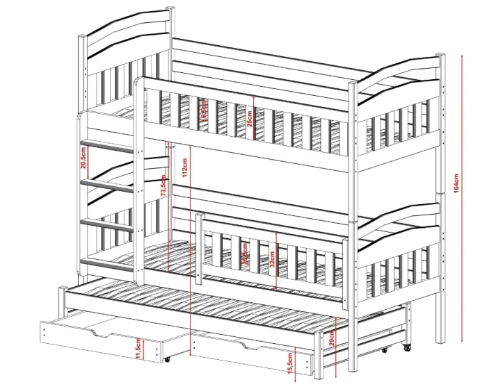 Technische tekening met afmetingen voor een driepersoons stapelbed voor kinderen.