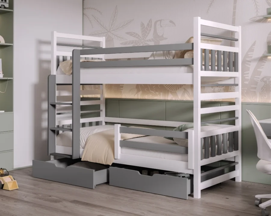 Modernes Etagenbett in Weiß und Grau mit zwei integrierten Schubkästen im Kinderzimmer.