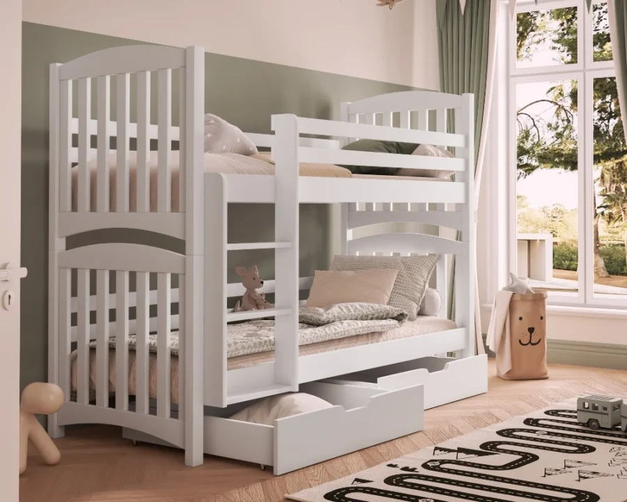 Klassisches weißes Etagenbett aus Holz mit zwei Auszugsschubladen für das Kinderzimmer.
