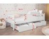 Technische Zeichnung mit Maßen (146x77 cm) für ein weißes Kinderbett mit zwei Unterbettschubladen.