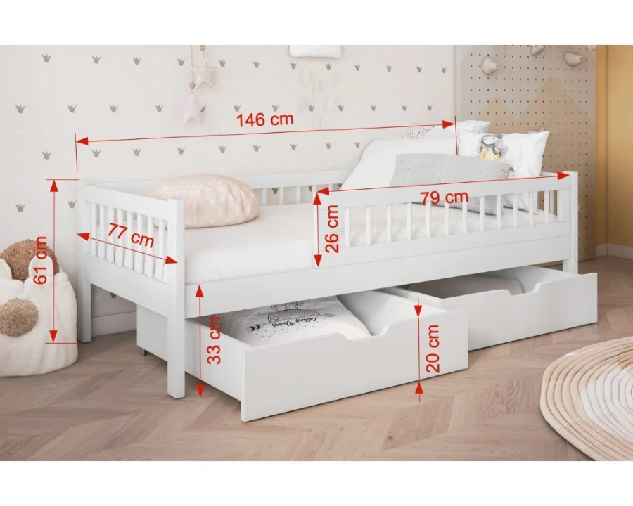 Technische Zeichnung mit Maßen (146x77 cm) für ein weißes Kinderbett mit zwei Unterbettschubladen.