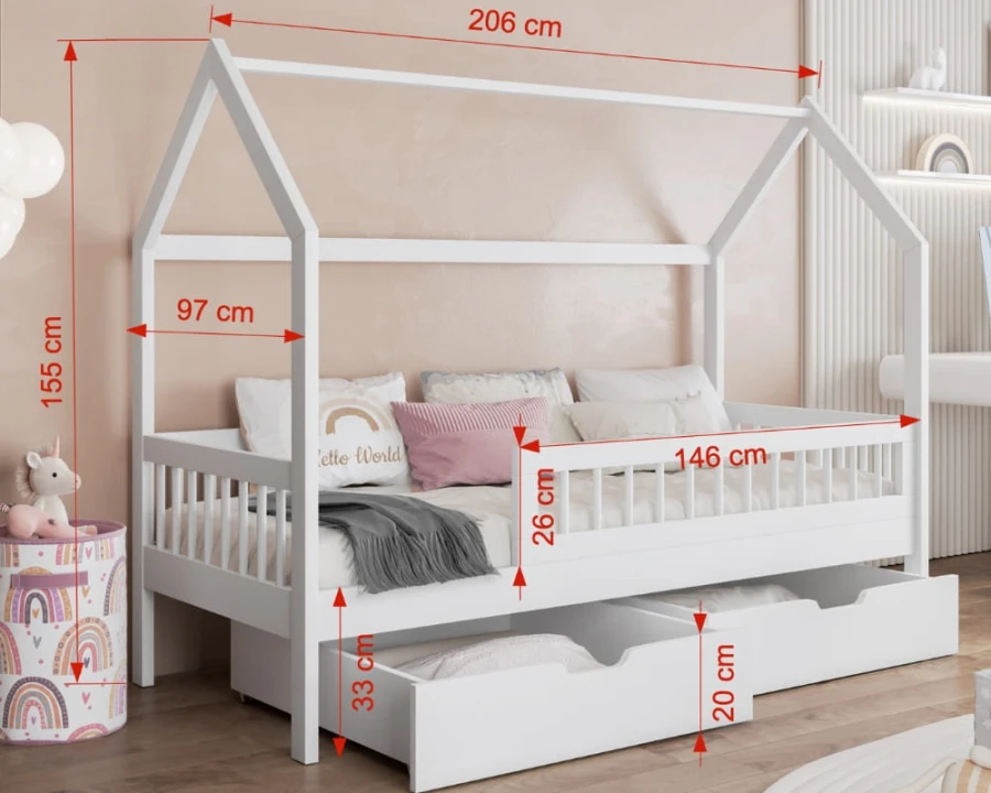 Maße für weißes Hausbett 90x200 cm: 206 cm Gesamtlänge und 155 cm Höhe.