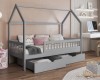 Graues Hausbett für das Kinderzimmer mit Sicherheitsgitter und Schubladen.