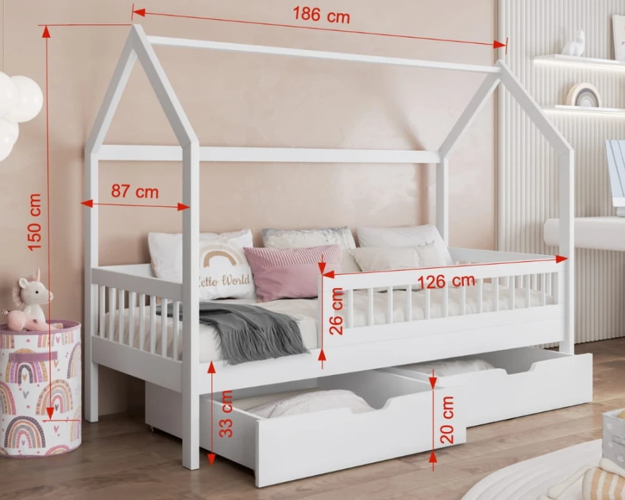 Weißes Kinderbett in Hausform mit Maßen 186x87x150 cm und Stauraumschubladen.