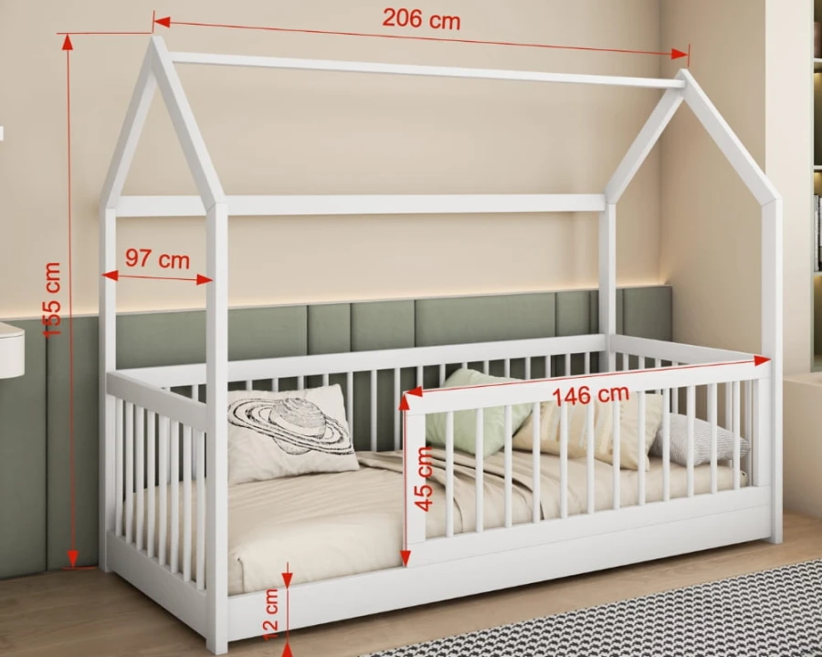 Maße für weißes Kinderhausbett: 206 cm Länge, 155 cm Höhe und 97 cm Breite.