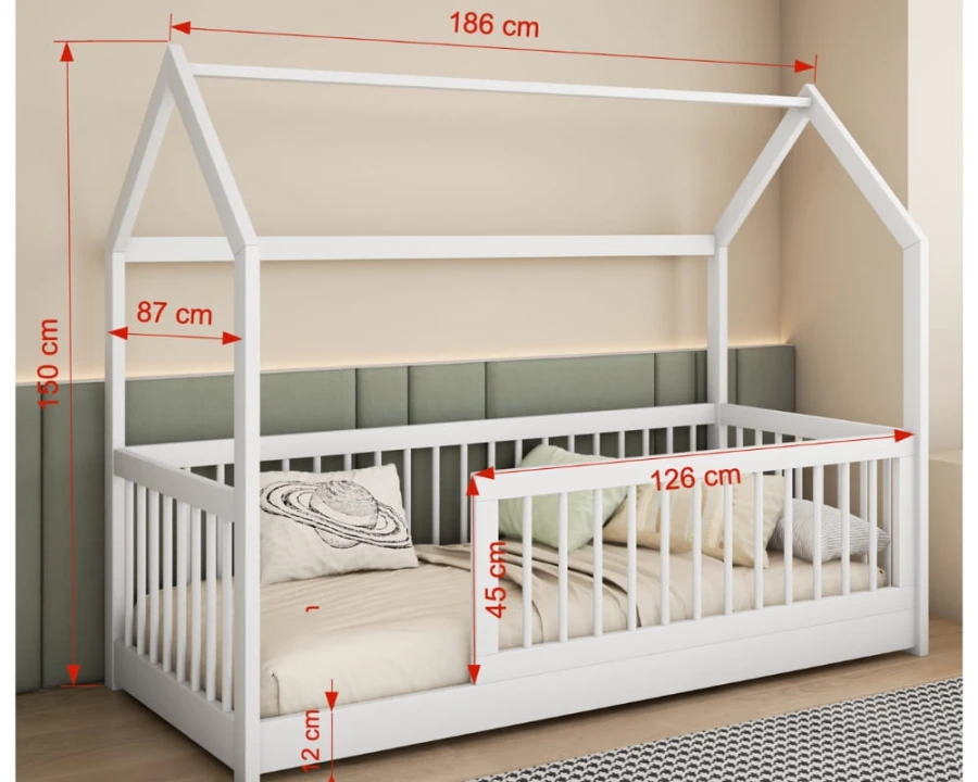 Produktdetails Hausbett: Abmessungen 186x87 cm, Höhe 150 cm, ideal für kleine Kinderzimmer.