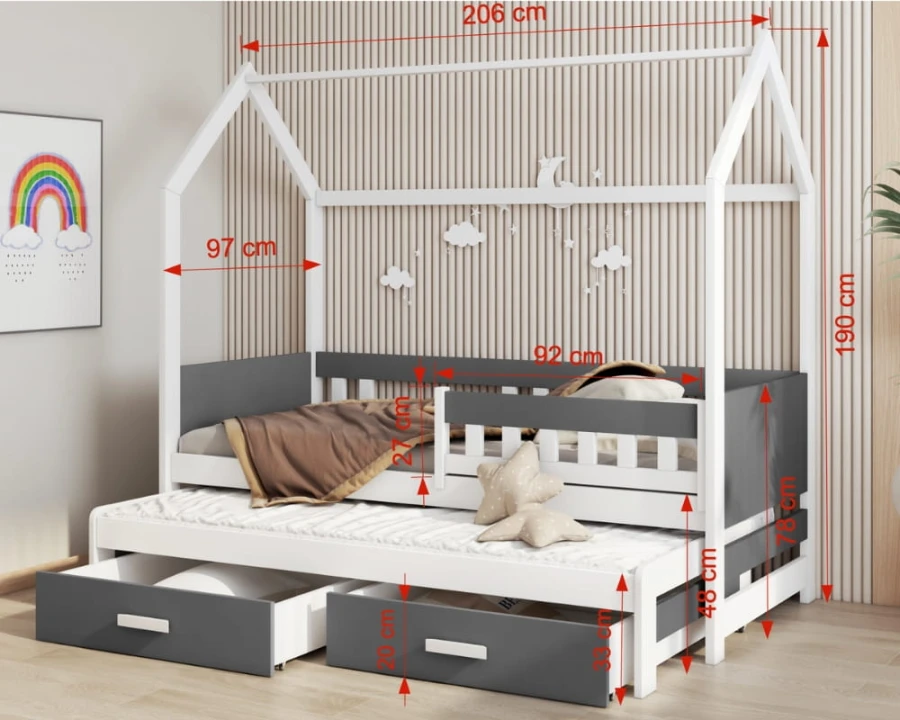 Abmessungen des weißen Hausbetts mit Ausziehbett und zwei praktischen Schubladen.